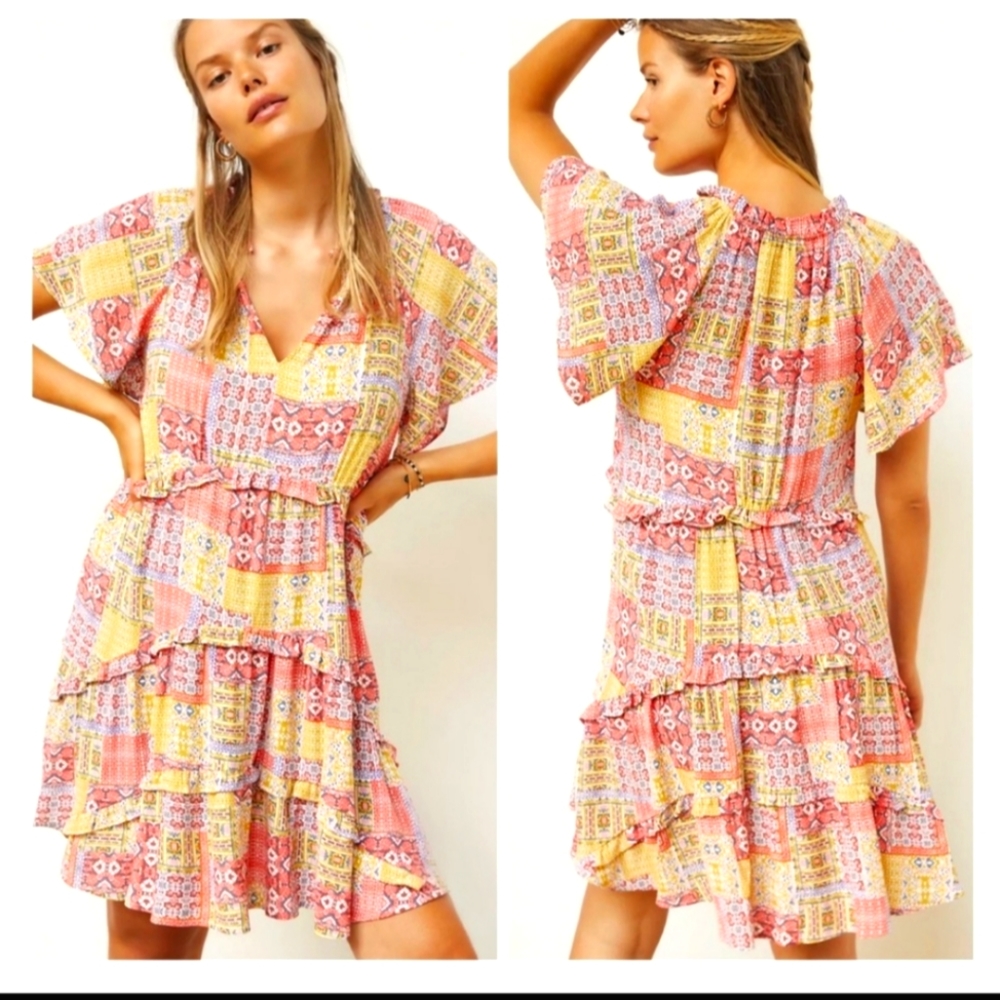 Anthropologie Robin Tiered red yellow floral mini sundress short sleeves Large